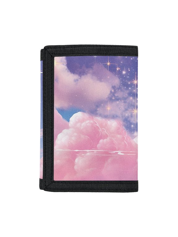 Elastic Polyester Children's Wallet with Thin Slim Kids Trifold Wallet for Outdoor, Pink Butterfly Cloud Pattern Trifold Card Wallet