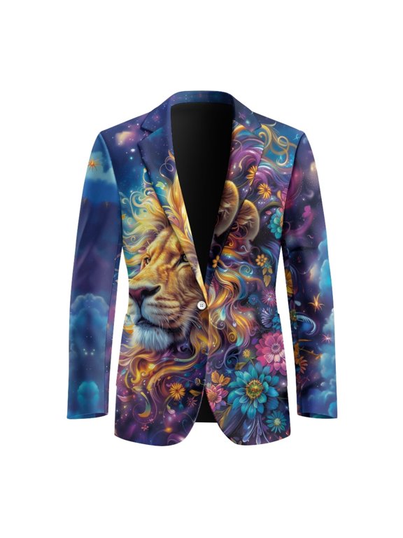 Fantasy Floral Lion Head Print Men's Blazer, Elegant Men's Business Suit Jacket Lightweight Polyester Men's Suit for Business Casual
