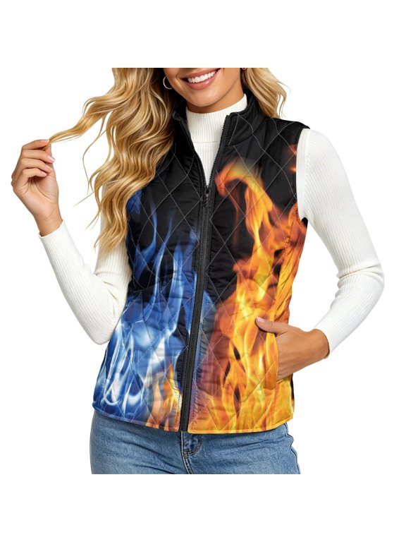 Fire Ice Pattern Outwear Jacket Coat Lightweight with Easy Care Polyester Quilted Padded Vest for Women for Winter Fall