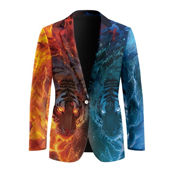 CHAQLIN Fire & Ice Tiger Graphic Design Dress Jacket, Regular Fit Men Blazer One Button Polyester Lightweight Sports Coat for Business