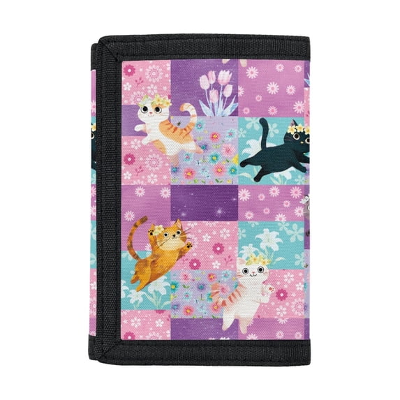 CHAQLIN Geometric Cute Cat Children's Wallet, Polyester Tifold Coin Purses for Travel, Portable Lightweight Kids Trifold Wallet