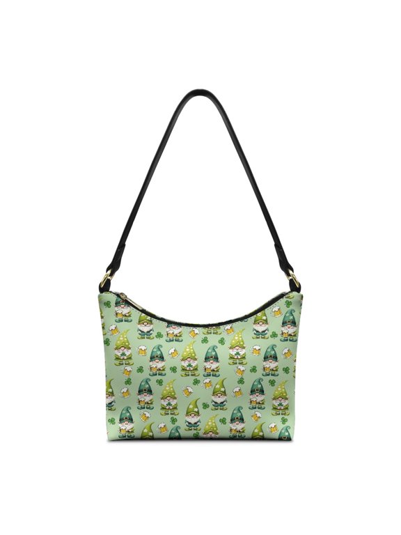 Gnome Clover Pattern PU Leather Hobo Purse for Women, Shoulder Purse with Zipper Closure Shoulder Handbag for Travel