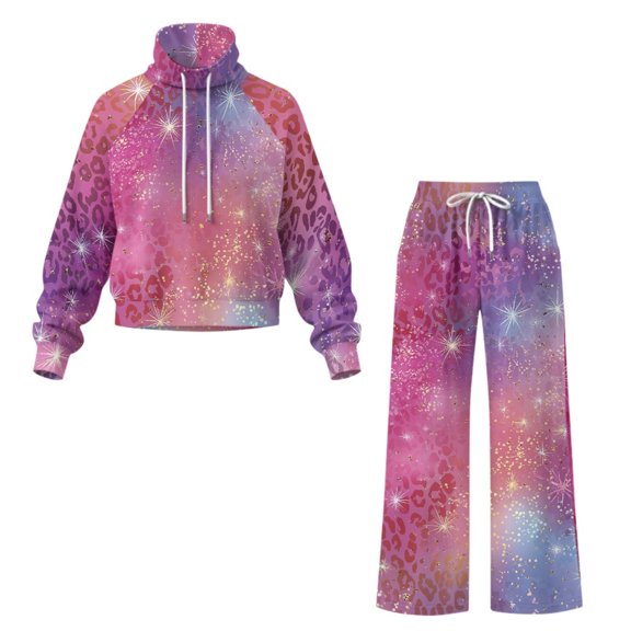 CHAQLIN Gradient Galaxy Leopard Print Women 2 Piece Outfits Sweatsuits Tracksuit, Anti-Fade Drawstring Waist Women's Loungewear Set Elastic Drawstring Women's Casual Outfit for Weekend Shopping Daily
