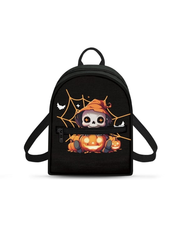 Halloween Skeleton Bat Pumpkin Practical Mini Backpack, Zipper Closure Zipper Back Pack with Lightweight for Travel Hiking