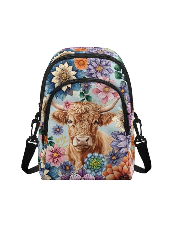 Highland Cow Compartments Small Crossbody Wallet for Shopping Hiking Travel, Polyester Adjustable Strap Crossbody Bag