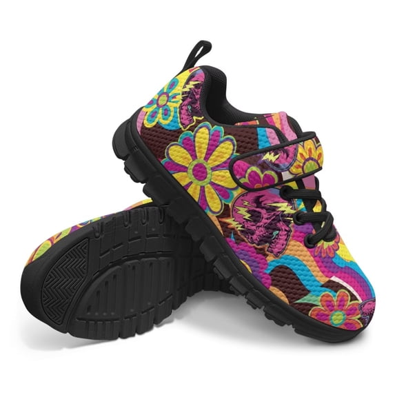 CHAQLIN Hippie Skull Flower Sneakers Little Kid Knitted Breathable Mesh Sports Shoes Lightweight Hook and Loop Single Buckle Athletic Running Shoes Anti Skid Sole