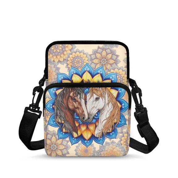 CHAQLIN Horse Mandala Print Portable Crossbody Bags, Polyester Satchel Crossbody Bag Double Deck Over Shoulder Wallet for Travel Shop