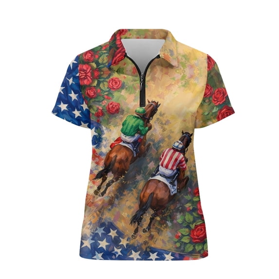 CHAQLIN Horse Racing American Flag Art Athletic Tops, 1/4 Zip Skin Friendly Anti Fade Short Sleeve Golf Tops for Tennis Shopping Hiking Soft