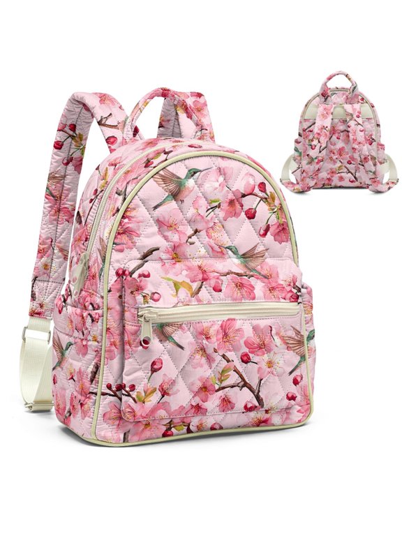 Hummingbirds Flowers Backpack Purse for Travel Work, Lightweight Ladies Bag Quilted with Zipper Daypack