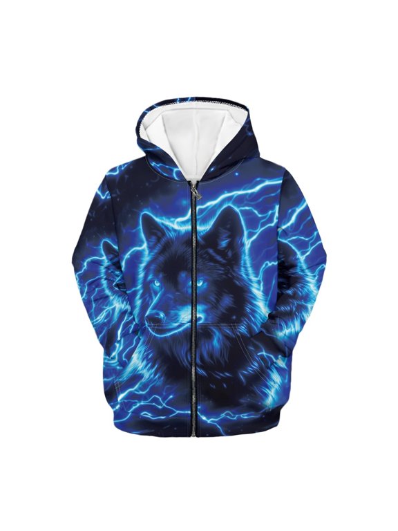 Kids Hooded Coat Howling Wolf Lightweight Loose Fit Zip Up Hooded Sweatshirt for Gym Fall, Polyester Zip up Hoodies