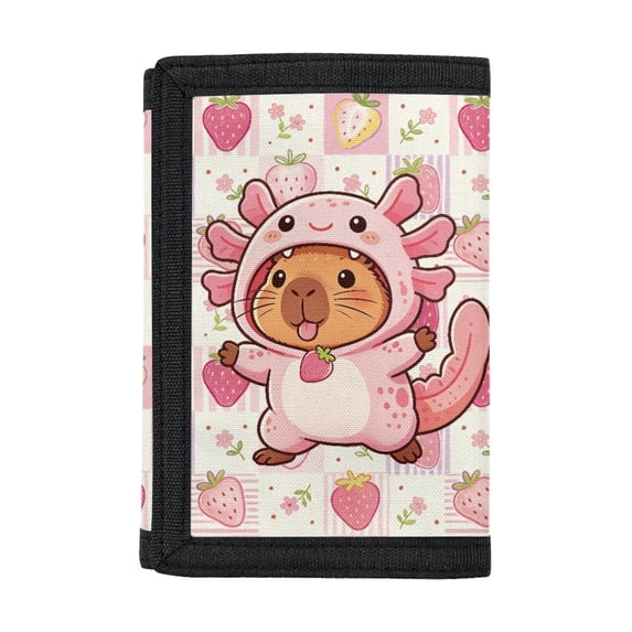 CHAQLIN Kids Trifold Wallet Cute Capybara & Axolotl Heart Thin Trifold Card Wallet for Outdoor, Polyester with Zipper Children's Wallet