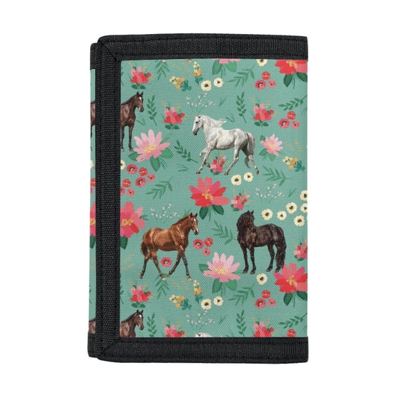 CHAQLIN Kids Trifold Wallet Horse Floral Print Portable Small Purse for Outdoor, Polyester Easy to Clean Youth Wallet