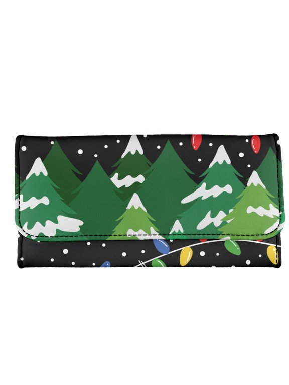 Ladies Purse Christmas Themed Print (Snowy Pine Trees & Festive String Lights) Large Capacity Long Wallet for Daily Use, PU Leather with Pocket Trifold Wallet