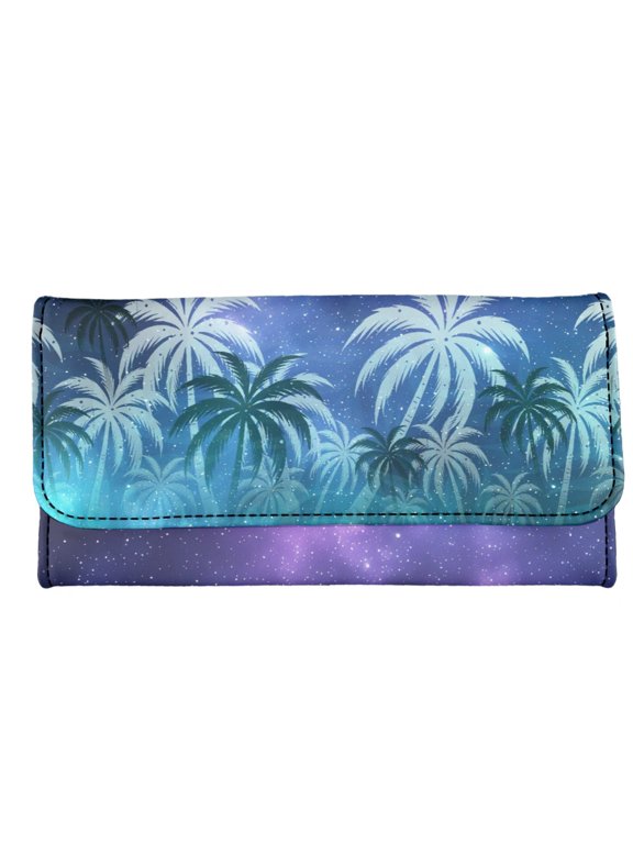 Leather Women's Trifold Wallet with Large Capacity with Zipper Pocket Women's Wallet for Travel, Night Sky Palm Tree Pattern Long Wallet