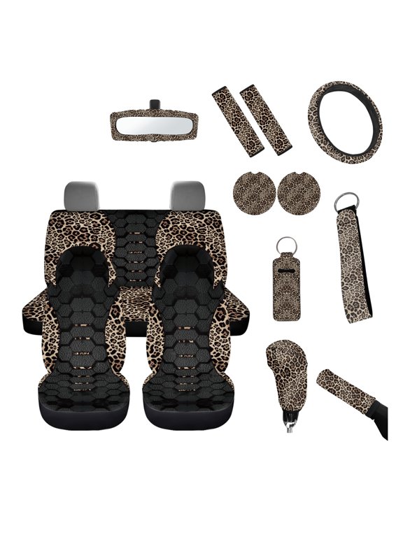 Leopard Honeycomb Decoration 14 Pack Car Accessories Set, with Car Seat Covers Steering Wheel Cover Side Mirror Protector, Compatible with Van