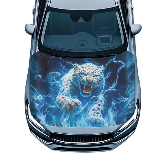 CHAQLIN Lightning Snow Leopard Car Hood Cover - Weatherproof Stretch Fabric Protector - Universal Fit for Trucks, SUVs & Sedans - Auto Exterior Decor
