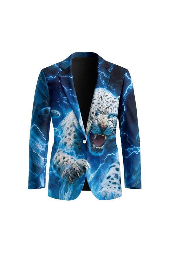Lightning Snow Leopard Graphic Design Casual Sport Coats, Solid Suit Jacket Lightweight Polyester Men's Fashion Casual Suit Tops for Prom