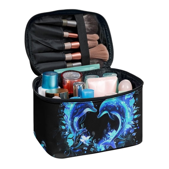 CHAQLIN Lightweight Cosmetic Bag for Travel Traveling, Heart Dolphin Polyester Fabric Casual Makeup Bag for Women