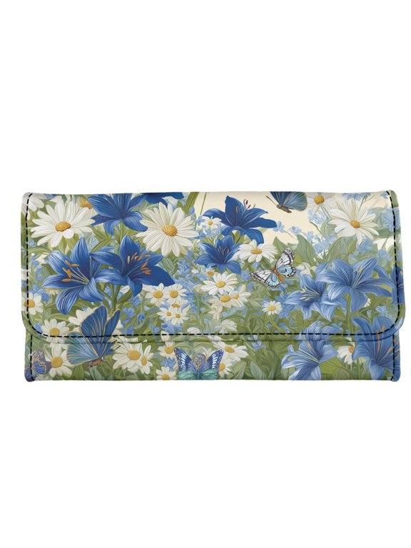 Lilies Daisies Butterflies Holder Organizer for Outdoor, Leather Trifold Wallet with Large Capacity with Zipper Pocket Card Holder