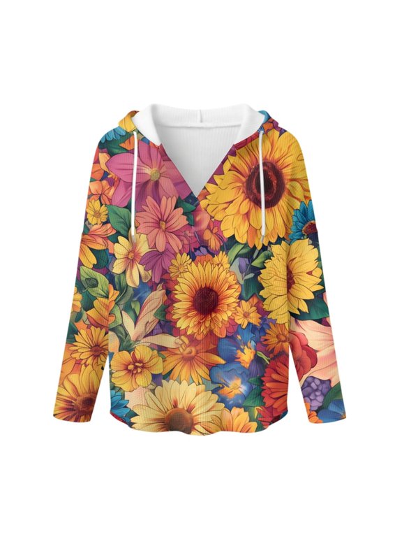 Long Sleeve Pullover Tops for Women, Hooded Sweatshirt Lightweight Long Sleeve Shirts imitation Waffle for Winter Fall Sunflower Floral Print