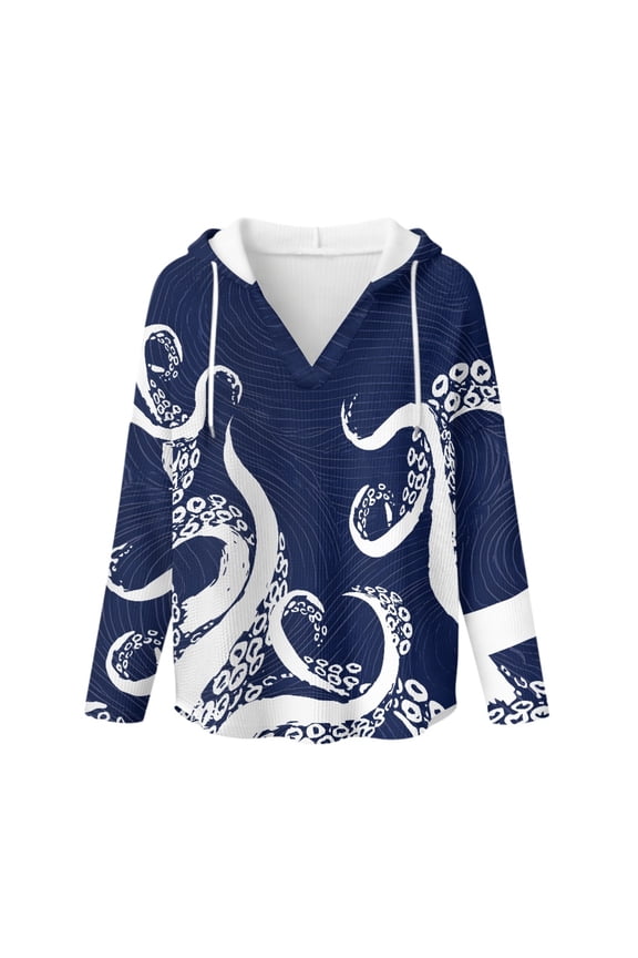 Loose Fit Long Sleeve Shirts Octopus Pattern for Women Hooded Pullover Sweatshirt, imitation Waffle Pullover Tops for Fall Autumn