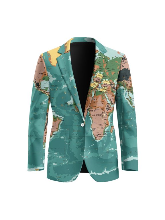 Map Design Solid Slim Fit One Button Suit Jacket, Single Button Polyester Men's Suit for Office Work