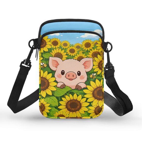 CHAQLIN Multi-Purpose Crossbody Bag for Work Running, Polyester Adjustable Cell Phone Purse, Pig Sunflower Print