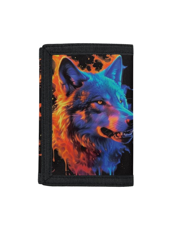 Neon Flame Wolf Decoration Trifold Card Wallet, Elastic Polyester Large Capacity Slim Purse for Kids Outdoor Sports