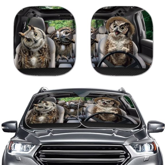 CHAQLIN Novelty Car Windshield Sun Shade with Owl Print, Foldable Reflective Sunshade UV Protection Sun Visor Heat Blocker for Front Window