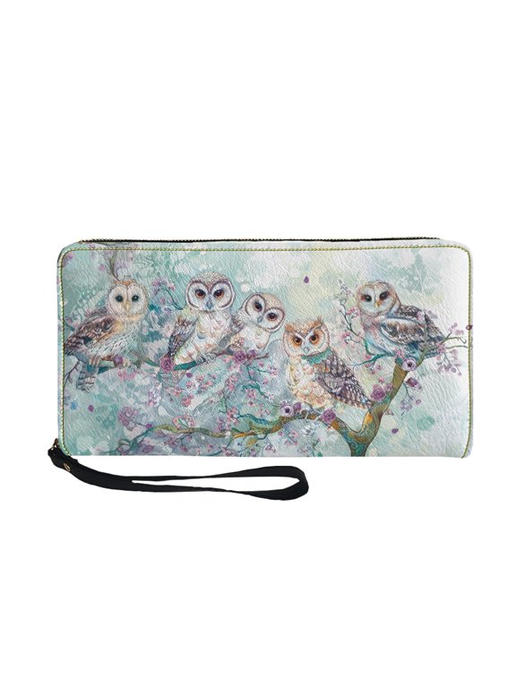Owls on Blooming Branch Clutch Wristlets for Travel Shopping, Large Capacity Women's Wallets PU Leather Zipper Long Purse