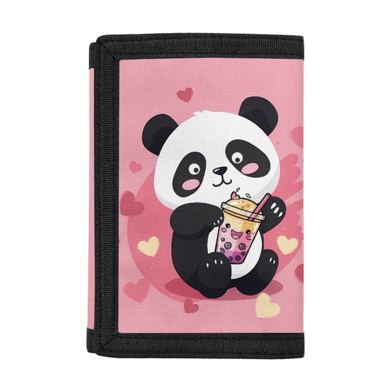 CHAQLIN Panda Bubble Tea Children's Wallet, Polyester Trifold Card Wallet for Sports, Portable Foldable Kids Trifold Wallet