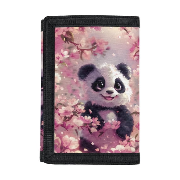 CHAQLIN Panda Cherry Blossom Lightweight Kids Trifold Wallet, Polyester Trifold Children's Money Wallets Thin Children's Wallet for Outdoor Outdoor Sports
