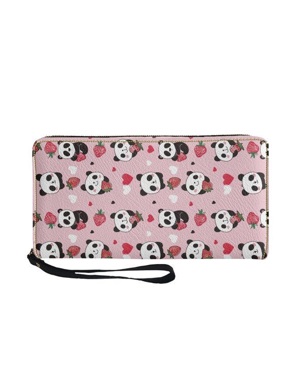 Panda Love Heart Large Capacity Long Purse, Zip Around Long Wallet with Zipper for Travel Shopping Beach