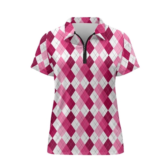 CHAQLIN Pink Argyle Check Pattern Polo Shirts for Tennis Golf, Skin Friendly Polyester Athletic Shirt Soft Moisture Wicking Tennis Shirts