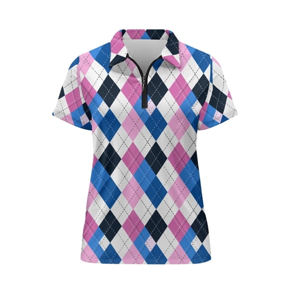 CHAQLIN Plaid Pattern Design Anti Fade Golf Polo Tops, Polyester Workout Shirts V Neck Lightweight Golf Shirt for Bowling Tennis Hiking