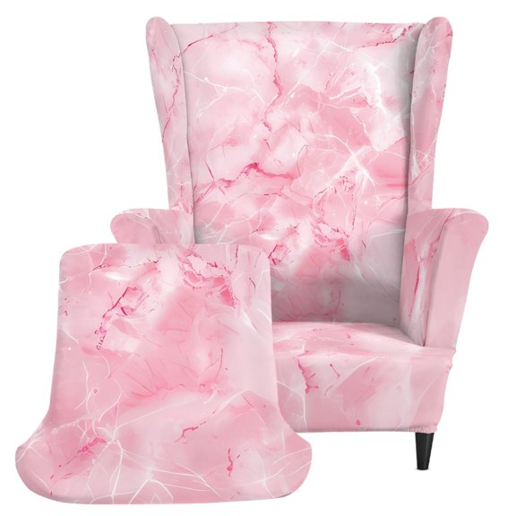 CHAQLIN Polyester 2 Piece Set Wingback Chair Covers for Living Room, Elastic Spandex Bottom Wear Resistant Single Seat Armchair Cover, Pink Marble Pattern