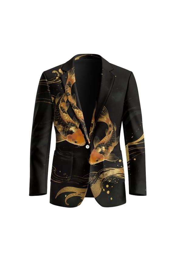 Polyester Blazer for Business Prom, One Button Slim Fit Men's Blazer, Golden Koi Fish with Wave Pattern