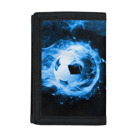 CHAQLIN Polyester Fabric Children's Trifold Wallet with Blue Flame Soccer Decoration , Lightweight Youth Purse for Outdoor Sports