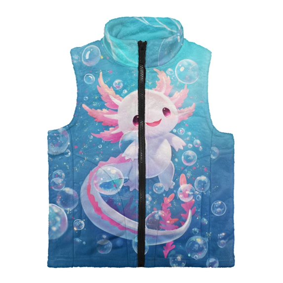 CHAQLIN Polyester Girls Fleece Vest Jacket with Stand Collar, Aquatic Axolotl Bubbles With Pockets Sleeveless Fleece Jacket for Winter Fall