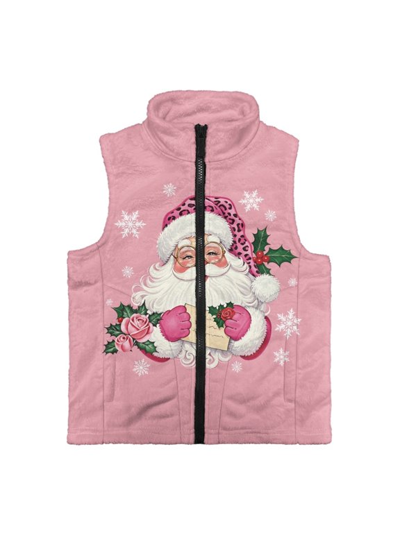 Polyester Kid Outerwear Vest with Wind Proof, Pink Santa Letter Comfortable Kids Zip Up Vest for Casual Everyday Wear