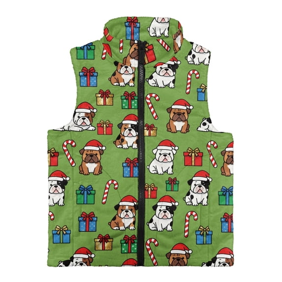 CHAQLIN Polyester Lightweight Sleeveless Fleece Jacket for Daily Life Casual, Warm Kid Outerwear Vest, Christmas Bulldog Print