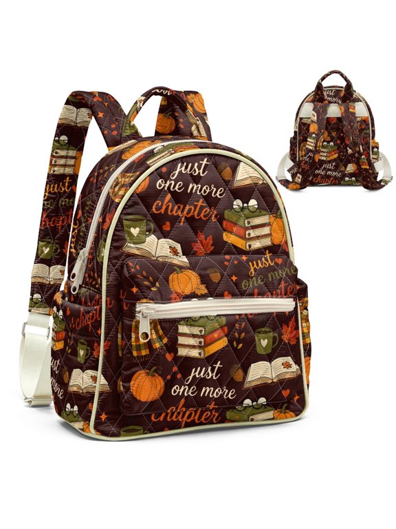Polyester Lightweight Women Mini Backpack, Fashion Daypack for Travel Work, Autumn Book Pumpkin Print Women Fashion Backpack Purse