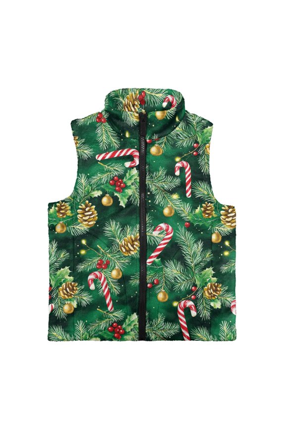 Polyester Warm Sleeveless Fleece Jacket for Casual Fall, Lightweight Sleeveless Jacket, Candy Cane Pine Cone Pattern