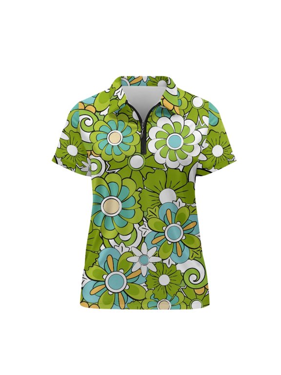 Pop Art Floral Stylish Women Zip Golf Shirts, Polyester Short Sleeve Golf Shirts for Women Soft Stretch Polo Shirts for Outdoor Tennis Sport