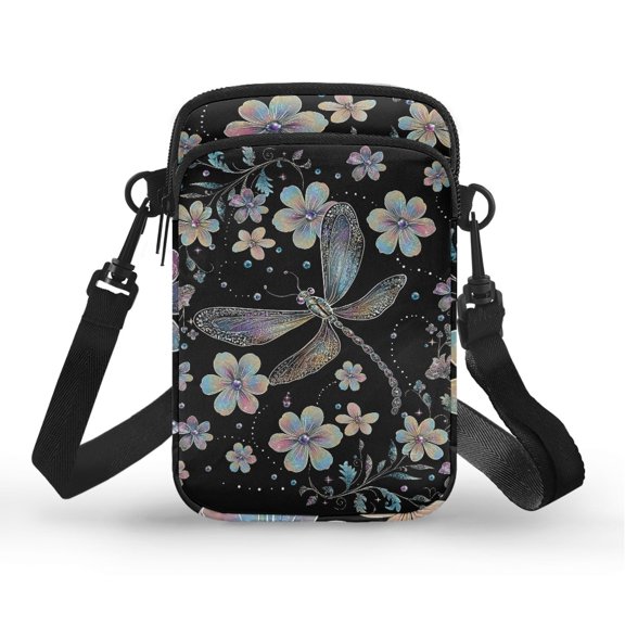 CHAQLIN Portable Cell Phone Purse for Hiking Travel, Polyester Casual Crossbody Bag, Dragonfly and Floral Pattern