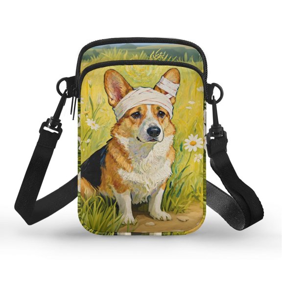 CHAQLIN Portable Cellphone Crossbody Bag for Running Travel, Polyester Adjustable Strap Shoulder Bags, Oil Painting Style Bandaged Corgi