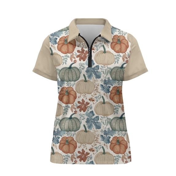 CHAQLIN Pumpkin and Maple Leaf Pattern Daily Going Out Polo Shirts, Polyester Golf Polo Tops Stretch Stylish Athletic Tops for Sport Tennis Sports Training