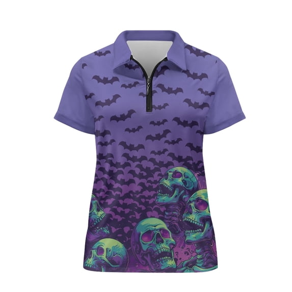 CHAQLIN Purple Bat Skull Pouch Classic Half Zipper Design Tennis Shirts, Polyester Polo Shirts Half-Zip Anti Fade Golf Short Sleeve Shirt for Summer Outdoor Activities Fitness