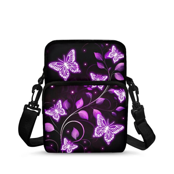CHAQLIN Purple Butterfly and Leaf Pattern Crossbody Bags Stretch Polyester Crossbody Purse for Women, Double Zipper 2 Zippers Cell Phone Purses