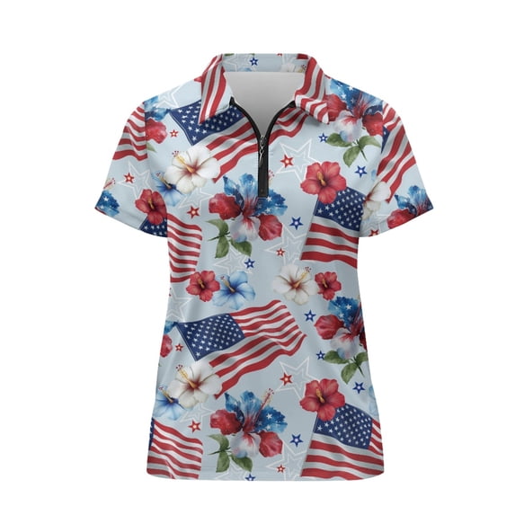 CHAQLIN Quick Dry Women's Polo Shirt for Tennis Outdoor Sports Golf, Polyester Lightweight V Neck Golf Short Sleeve Top, USA Flag Hibiscus Print